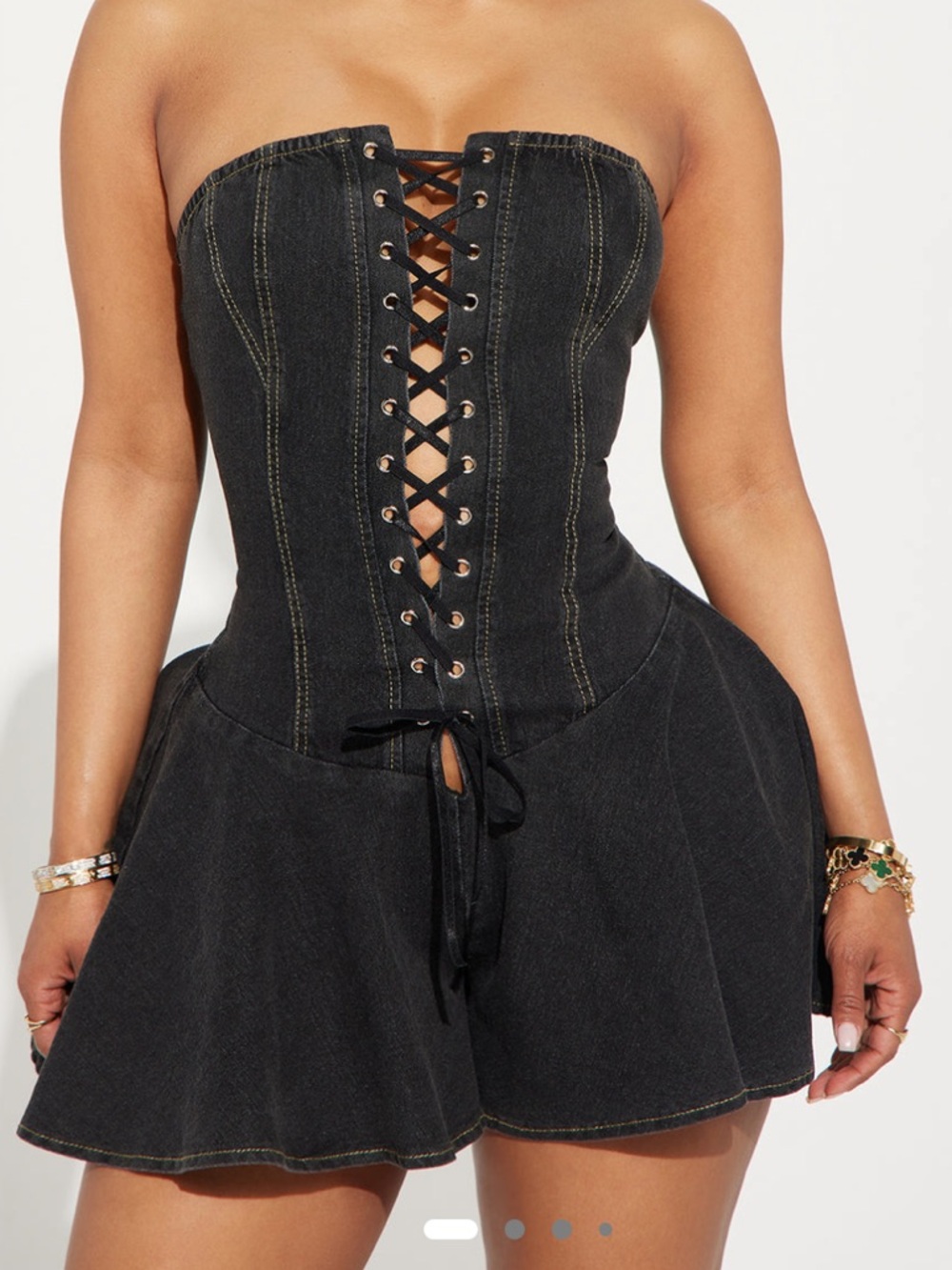 Fashion Nova Black Denim Lace-Up Strapless Romper